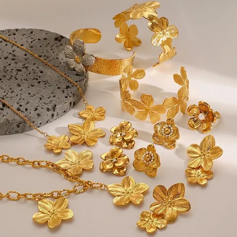 Stainless Steel Flower Jewelry Necklace Earrings Ring Bangle Bracelet Women Gold Plated Elegant Floral Artificial Pearl Zircon Waterproof