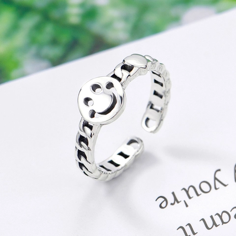 Anillo Aperto Con Faccia Sorridente In Argento Sterling 925 Vintage Trama A Catena Dettaglio Cuore Gioiello Regolabile
