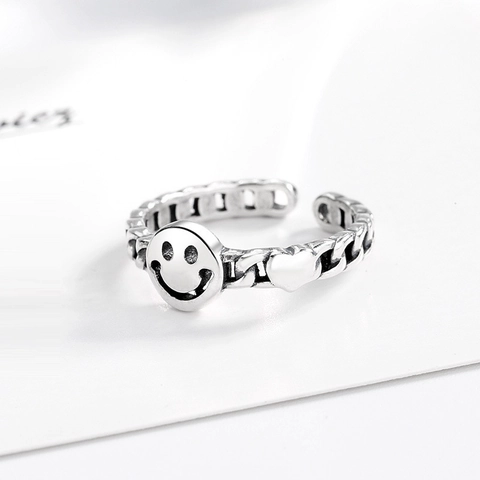Anillo Aperto Con Faccia Sorridente In Argento Sterling 925 Vintage Trama A Catena Dettaglio Cuore Gioiello Regolabile