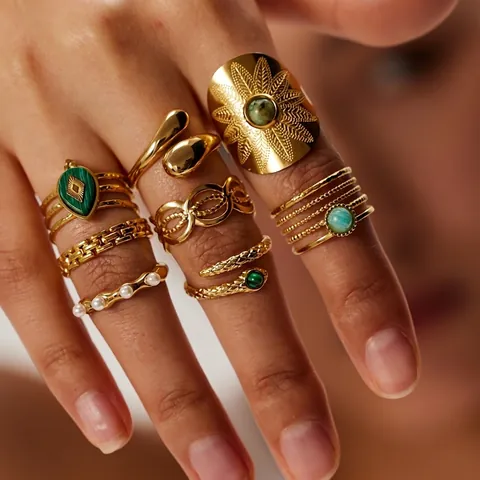 French Design 18K Gold Plated Stainless Steel Ring With Natural Malachite For Women Boho Jewelry Non-Fading