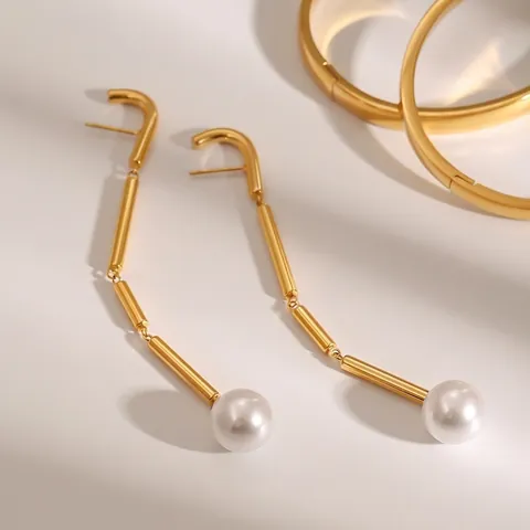 Stainless Steel Geometric Dangle Earrings With Artificial Pearl Gold Plated Long Tassel Drop Earrings For Women Jewelry