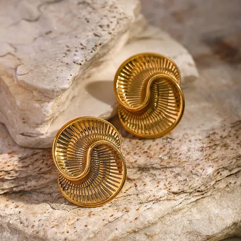 18K Gold Plated Stainless Steel Spiral Texture Water Drop Stud Earrings For Women Ins Style Asymmetric Fashion Jewelry