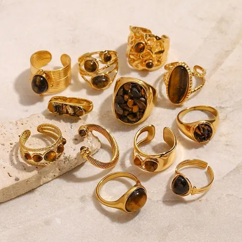 Vintage Tiger's Eye Jewelry Stainless Steel Waterproof Hypoallergenic Bohemian For Women Retro Gold Plated Rings Necklaces