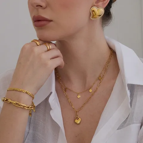 Heart Pendant Necklace Earrings Bracelet Rings Gold Plated Stainless Steel Rhinestone Elegant Fashion Minimalist For Women