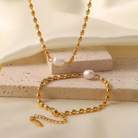Collana E Bracciale Con Süßwasserperle D'acqua Dolce Acciaio Inossidabile Placcato Oro Gioielli Con Süßwasserperle D'oliva Per Donna