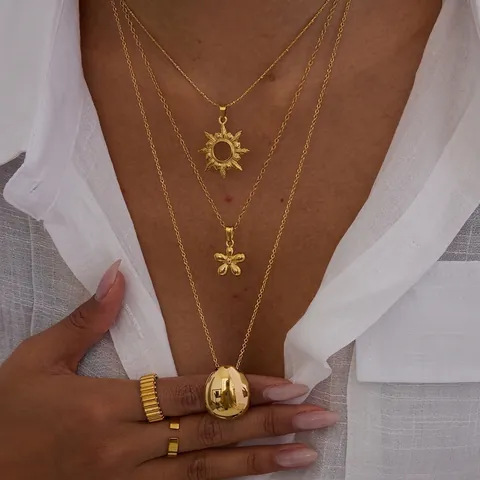 Layered Pendant Necklace Gold Plated Stainless Steel Sun Flower Oval Jewelry For Women Elegant Versatile Fashion