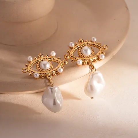 Vintage Stainless Steel Evil Eye Flower Drop Earrings For Women 18K Gold Plated Rhinestone Artificial Baroque Pearl Jewelry