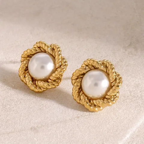 Orecchini A Lobo Con Perla Artificial Vintage In Acciaio Inossidabile Placcato Oro 18K Bordo A Corda Intrecciata Eleganti