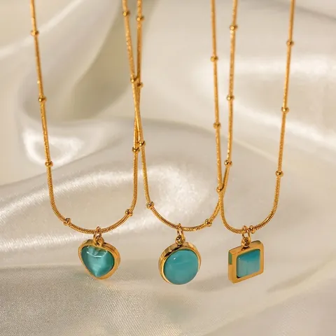 Stainless Steel Gold Plated Blue Cat Eye Stone Pendant Necklace Geometric Heart Square Oval Fashion Jewelry Women Gift