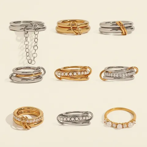 Stackable Rings Stainless Steel Interconnected Multi Layer Geometric Zirconia Artificial Pearl Waterproof Jewelry For Women
