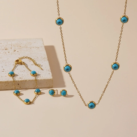 Gioielli In Acciaio Inossidabile Collana Bracciale Orecchini A Lobo Placcato Oro Tondo Turchese Blu Stile Boho Vintage Donna