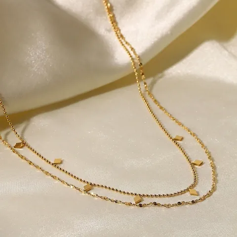 Minimalist Double Layer Necklace 18K Gold Plated Stainless Steel Rhombus Sequin Pendants Ball Chain Jewelry For Women