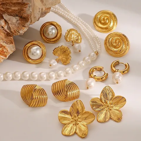 Joyas De Acero Inoxidable Y Perlas Artificiales Bañadas En Oro Flor Corazón Estilo Vintage Impermeable Hipoalergénico Para Mujeres