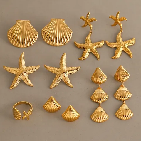 Starfish Shell Earrings 18K Gold Plated Stainless Steel Waterproof Hypoallergenic Ocean Style Stud Jewelry For Women