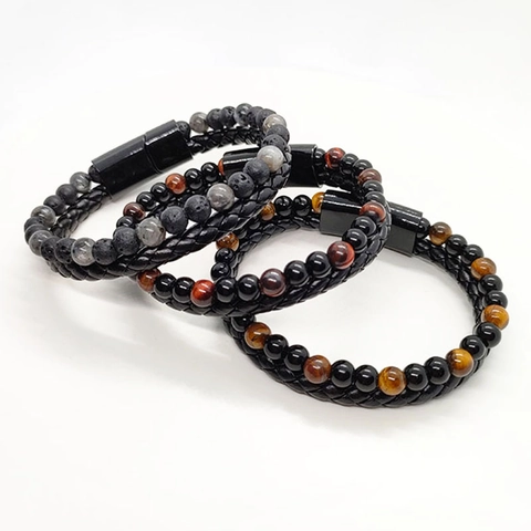 Men Beaded Braided Leather Bracelet Natural Tiger Eye Lava Stone Magnetic Clasp Fashion Jewelry