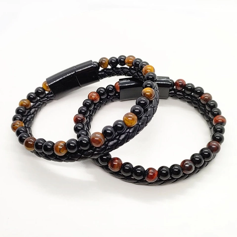 Men Beaded Braided Leather Bracelet Natural Tiger Eye Lava Stone Magnetic Clasp Fashion Jewelry