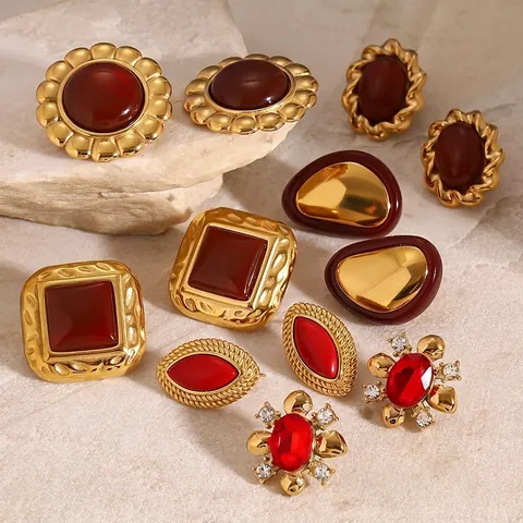 Orecchini A Lobo In Acciaio Inossidabile Agata Rossa Retro Geometrico Zircone Impermeabile Ipoallergenico Per Donne