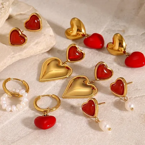 European American Stainless Steel Heart Drip Oil Stud Earrings For Women Gold Plated Red Heart Enamel Artificial Pearl Drop Jewelry Accessory