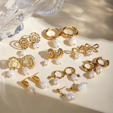 Elegante Roestvrij Stalen Zoetwaterparel Oorbellen Ginkgoblad Strik Schelp Hanger Oorbellen 18K Verguld Sieraden Voor Dames