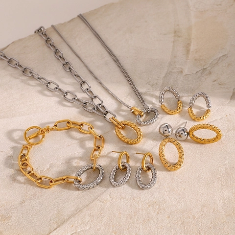 Edelstahl Schmuck Zweifarbig Gold Silber Gedrehtes Seil Kette Halskette Armband Ohrringe Wasserdicht Hypoallergen