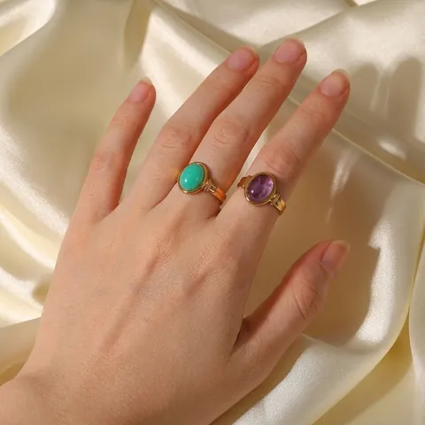 Edelstahl Ring 18K Vergoldet Ovaler Grüner Violetter Edelstein Wasserdicht Verstellbar Offen Modeschmuck Für Damen