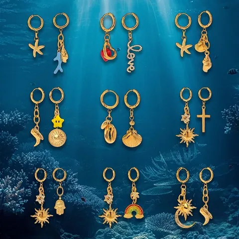 Creolen Hänger Ohrringe Edelstahl Vergoldet Asymmetrisch Herz Liebe Muschel Sonne Mond Böhmisch Elegant Mode Schmuck Damen
