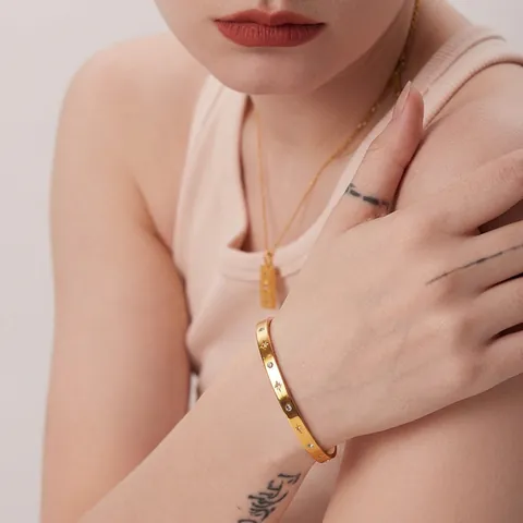 Franse Retro 18K Verguld Roestvrij Staal Ster Armring Strass Ingelegde Ster Geometrische Open Armband Voor Dames