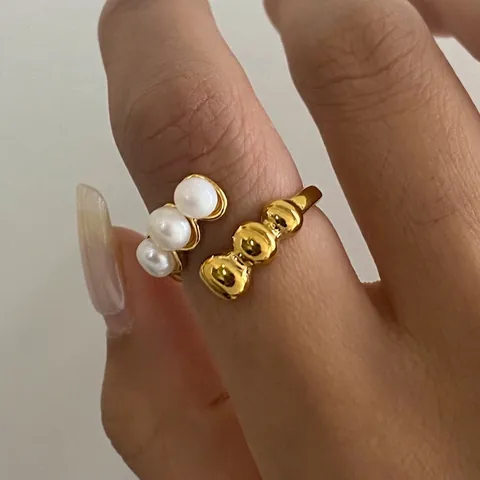 Edelstahl Künstliche Perlen Offener Ring Für Damen Verstellbar Goldperlen Fingerschmuck Minimalistische Mode Elegant