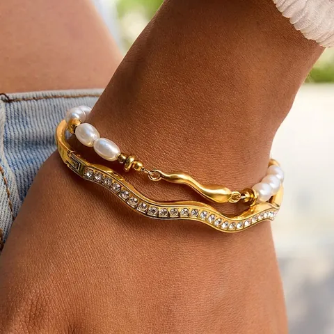 Bracciale E Bangle In Acciaio Inossidabile Placcato Oro Per Donna Zircone Perla Artificial Impermeabile Gioielli Impilabili Ipoallergenici