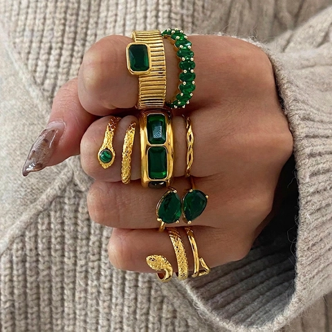 Stainless Steel Gold Plated Ring Women Vintage Luxury Emerald Green Cubic Zirconia Snake Heart Geometric Finger Jewelry Waterproof Hypoallergenic
