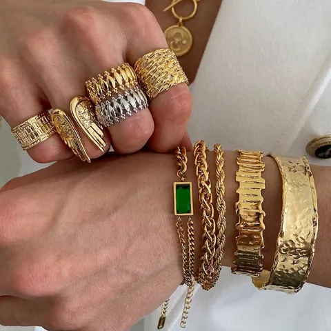 Gehamerde Textuur Brede Armband 18K Verguld Roestvrij Staal Verstelbare Open Armring Waterdichte Sieraden