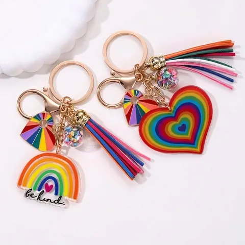 Rainbow Heart Tassel Keychain For Women Be Kind Acrylic Alloy Bag Pendant Colorful Sequin Ball Key Ring Accessory Jewelry