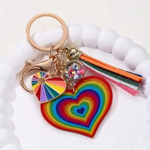 Rainbow Heart Tassel Keychain For Women Be Kind Acrylic Alloy Bag Pendant Colorful Sequin Ball Key Ring Accessory Jewelry