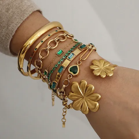 Vintage Luxury Stainless Steel Bracelet Bangle Green Zircon Heart Flower Gold Plated Waterproof Jewelry For Women