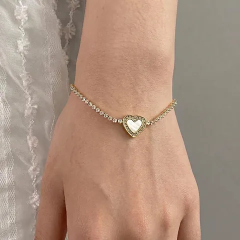 Pulsera Corazón De Acero Inoxidable Con Incrustaciones De Concha Y Cadena Tenis Circonita Brillante Para Mujer Dorado