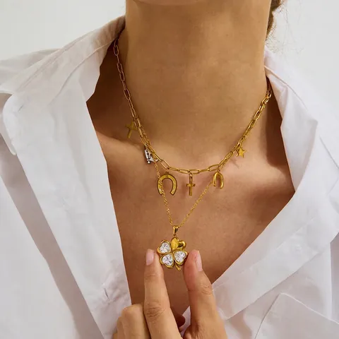 Lussuosa Collana a Doppio Strato in Acciaio Inossidabile per Donna Placcata Oro Trifoglio Cuore Pendenti Strass Gioielli di Moda
