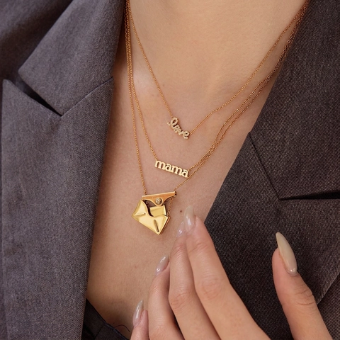 Stainless Steel Pendant Necklace Love Mama Letter Envelope Lucky Jewelry Women Gold Plated Waterproof Hypoallergenic