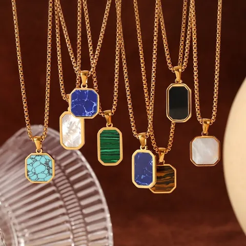 Stainless Steel Natural Stone Pendant Necklace Geometric Octagon Rectangle Malachite Shell Gold Silver Plated Jewelry Women