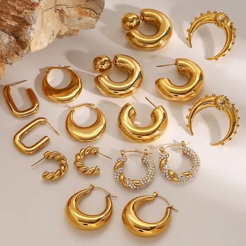 Boucles D'oreilles Créoles En Acier Inoxydable Plaqué Or Forme C Géométrique Zircone Cubique Imperméable Hypoallergénique Bijoux Mode Femmes