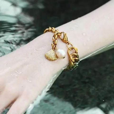 Zoetwaterparel Schelp Bedelarmband 18K Verguld Roestvrij Staal Cubaanse Schakelketting Mode Sieraden Voor Dames
