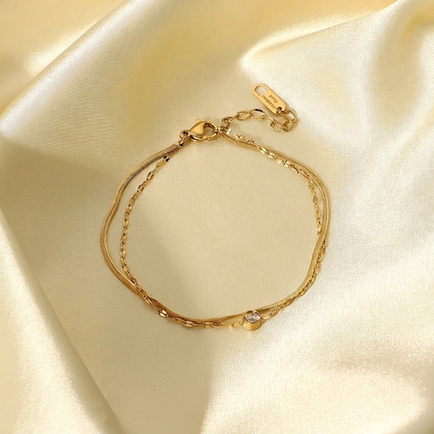 Double Layer Bracelet Stainless Steel With Round Zircon Pendant Snake Chain Minimalist INS Style Hand Jewelry For Women