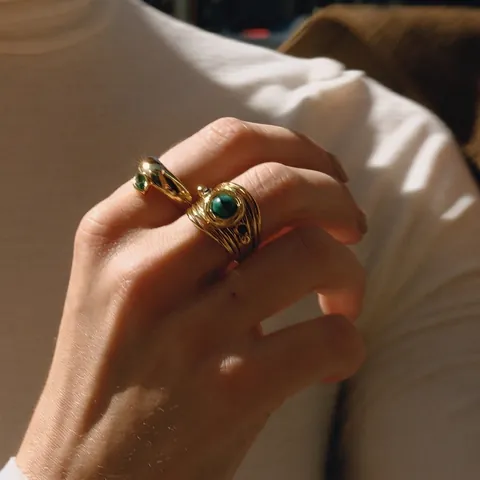 Vintage Malachite Ring Stainless Steel Multi Layer Geometric Gold Plated Jewelry For Women Retro Bohemian Fashion Finger Accessory