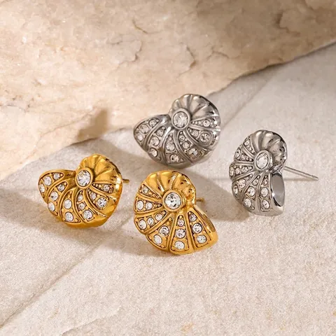 Boucles D'oreilles Puces Coquille Acier Inoxydable Plaqué Or 18K Avec Strass Étanche Hypoallergénique Bijoux Pour Femmes
