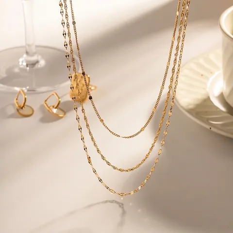 Layered Necklace 18K Gold Plated Stainless Steel Triple Layer Chain Link Minimalist Fashion Jewelry For Women