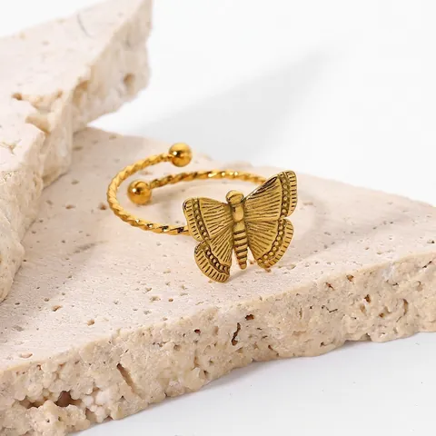 Butterfly Ring 18K Gold Plated Stainless Steel Adjustable Open Ring Twisted Band For Women Trendy INS Style Jewelry