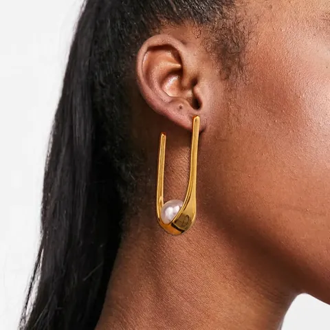Minimalist Stainless Steel U-Shaped Hoop Earrings For Women Gold Plated Artificial Pearl Drop Earrings Fashion Jewelry Accessories