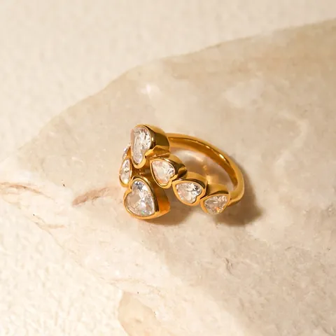 Anillo Abierto Cruzado Con Forma De Corazón Acero Inoxidable Bañado En Oro De 18K Circoncitos Estilo Francés Mujer