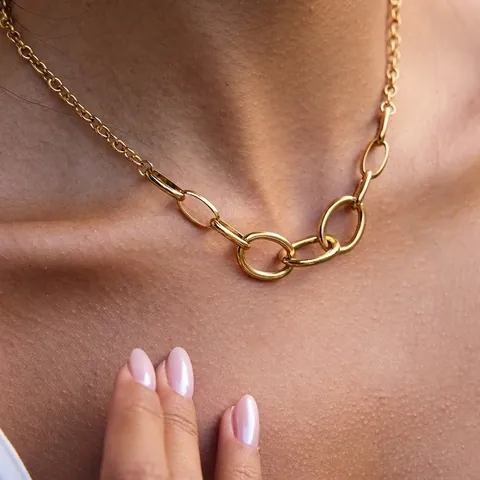 Halsketting Met In Elkaar Grijpende Cirkels Schakelketting Roestvrij Staal Verguld Minimalistisch Chique OT Sluiting Sieraden Dames