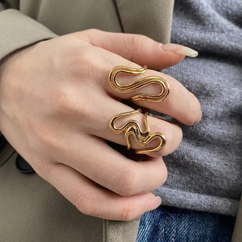 Edelstahl Ringe Für Damen Abstrakt Welle Flüssige Linie Verstellbar Offen Geometrisch Nische Design Wasserdicht Minimalistisch