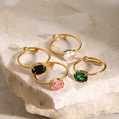 Minimalistischer Edelstahlring Mit Ovalem Buntem Zirkon 18 Karat Vergoldet Verstellbarer Offener Ring Eleganter Schmuck Für Damen